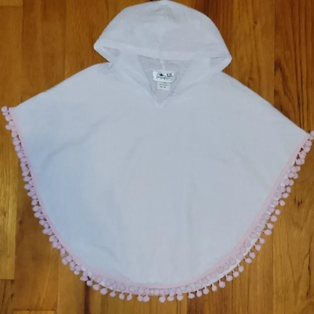 NWOT Boutique Monogramable White Seersucker Pink Pom Poms Poncho/Cover Up 18M